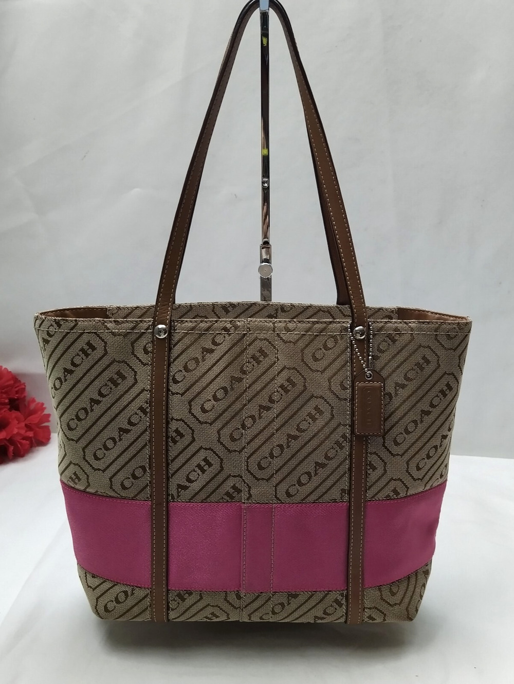 Coach Brown Canvas Pink Stripe Double Handles Tote Bag